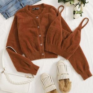 Brown Fuzzy Cardigan Crop Top Set